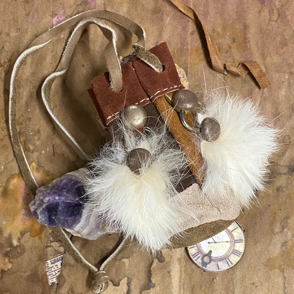 Raw Amethyst Stone & Suede & Fur Medicine Pouch